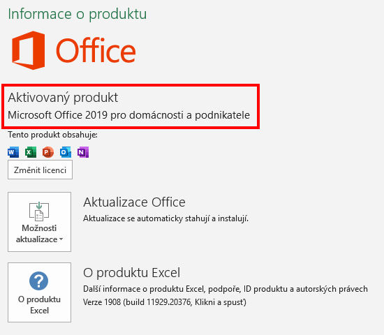 Aktivovaný produkt MS Office 2019